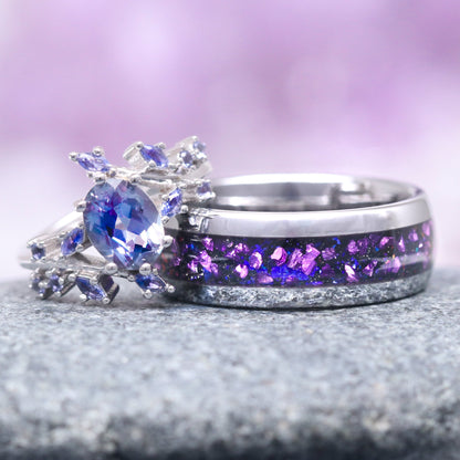 Galaxy Alexandrite Leaf Couples Ring Set