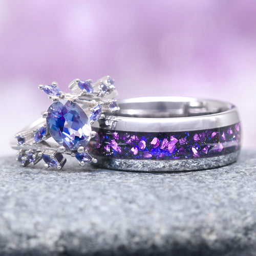 Galaxy Alexandrite Leaf Couples Ring Set