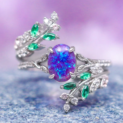 Lavender Fire Opal & Emerald Leaf Couples Ring Set
