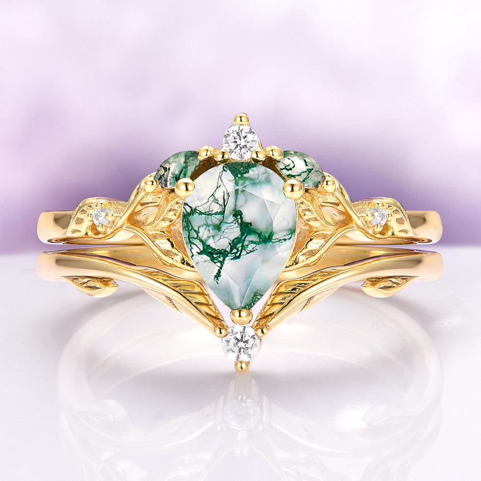 Green Moss Agate & Gold Leaf Couples Ring Set