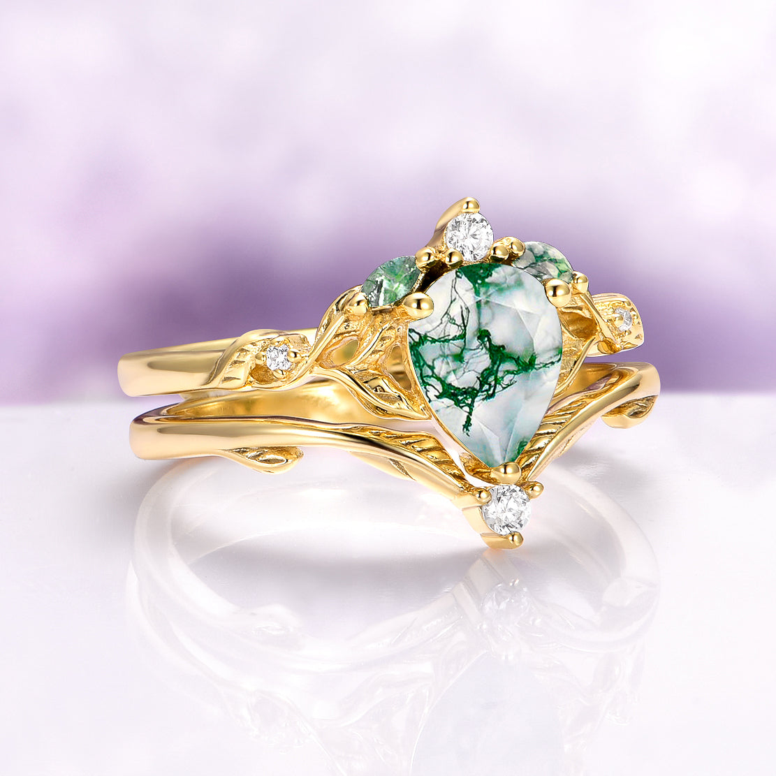 Green Moss Agate & Gold Leaf Couples Ring Set