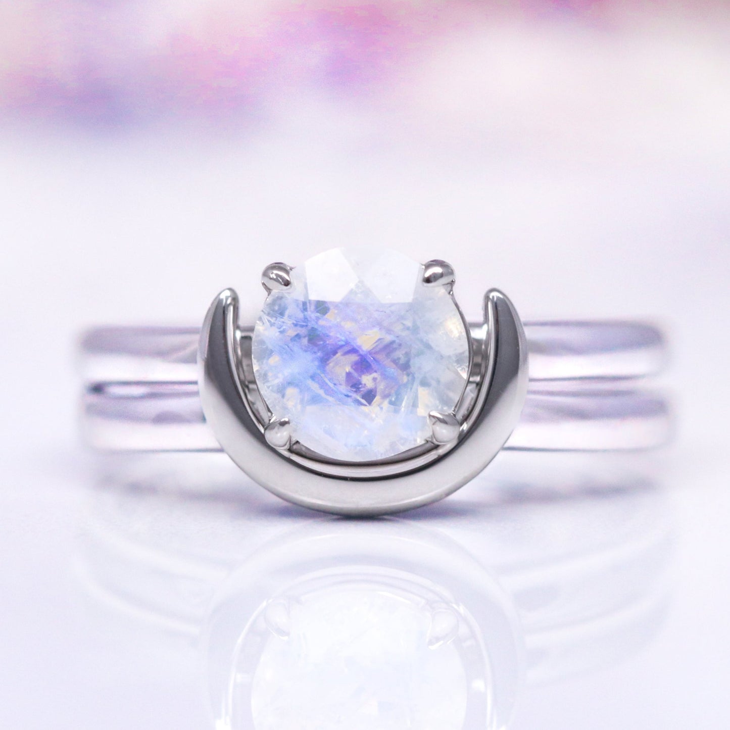 Crescent Moon Moonstone Couples Ring Set