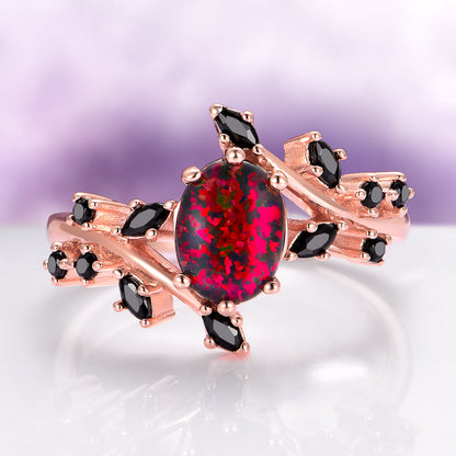 Black Fire Opal & Onyx Leaf Couples Ring Set