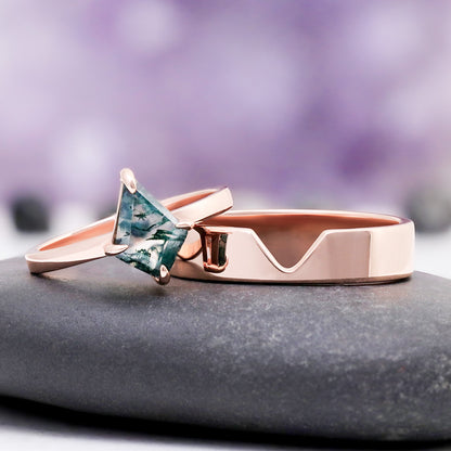 Kite Cut Green Moss Agate Couples Ring Set