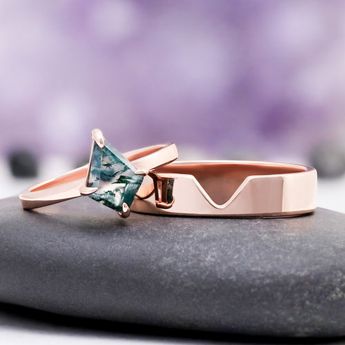 Kite Cut Green Moss Agate Couples Ring Set