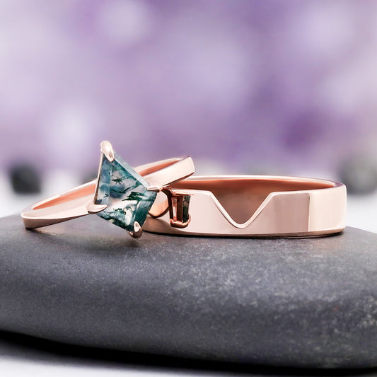 Kite Cut Green Moss Agate Couples Ring Set