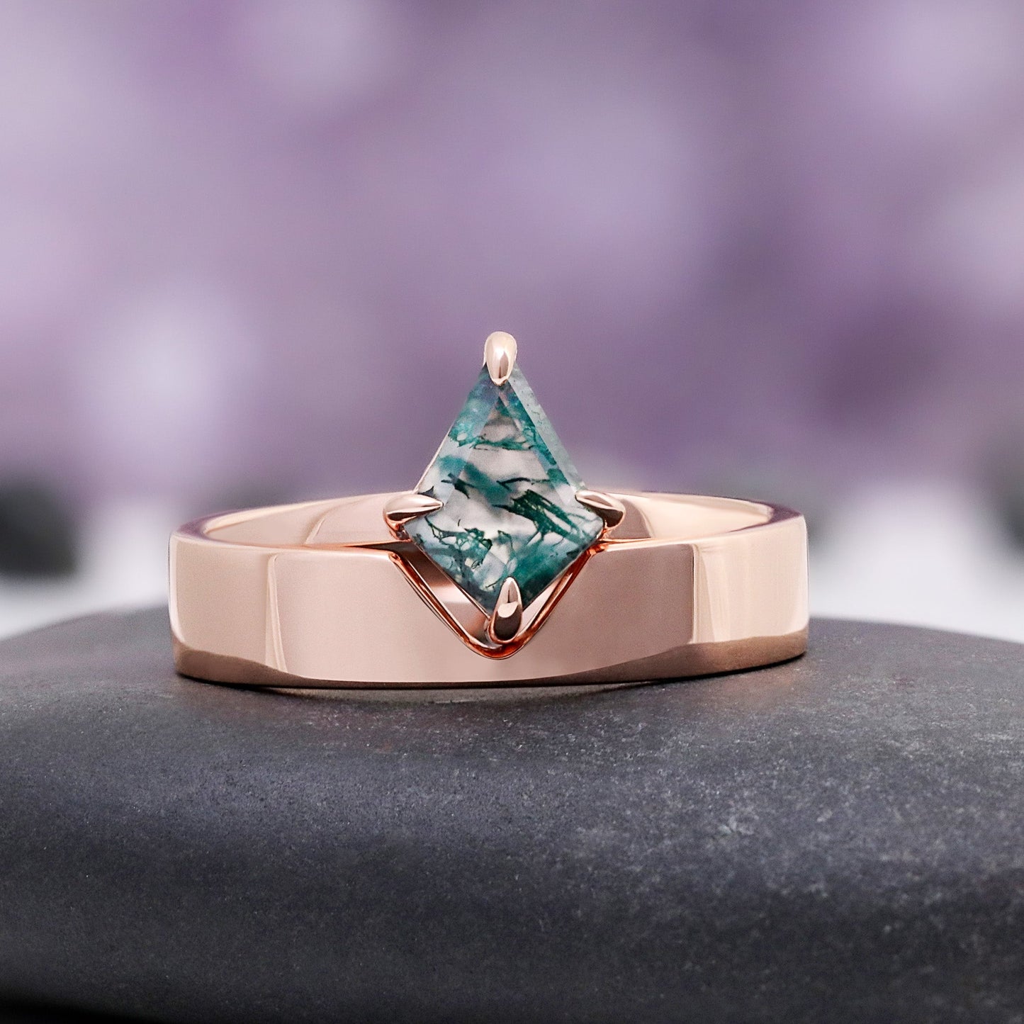 Kite Cut Green Moss Agate Couples Ring Set
