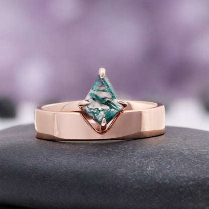 Kite Cut Green Moss Agate Couples Ring Set