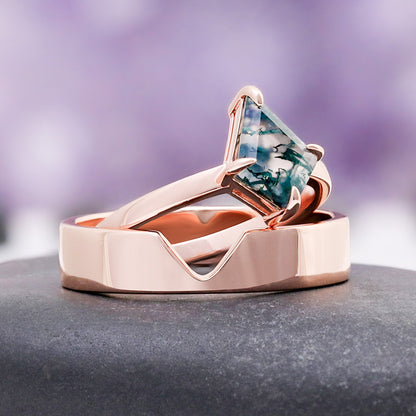 Kite Cut Green Moss Agate Couples Ring Set