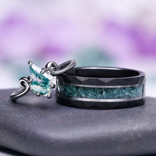 Green Moss Agate Twirl Couples Ring Set