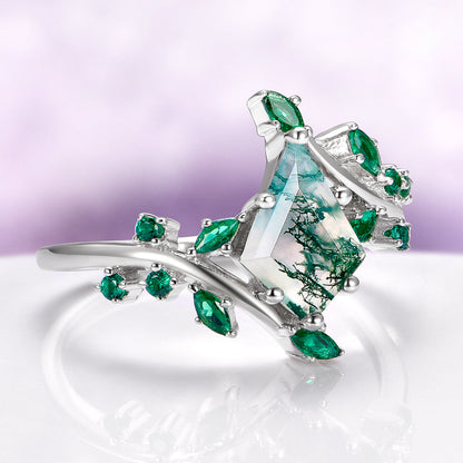 Kite Moss Agate & Emerald Leaf Couples Ring Set
