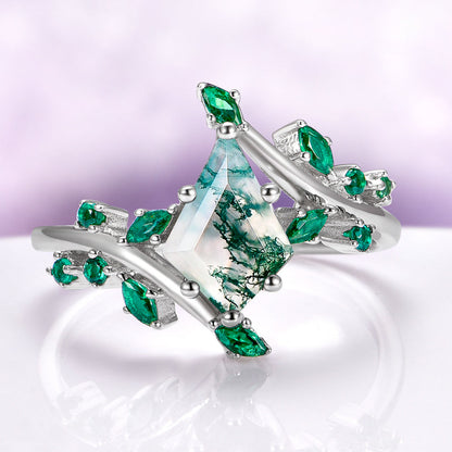 Kite Moss Agate & Emerald Leaf Couples Ring Set