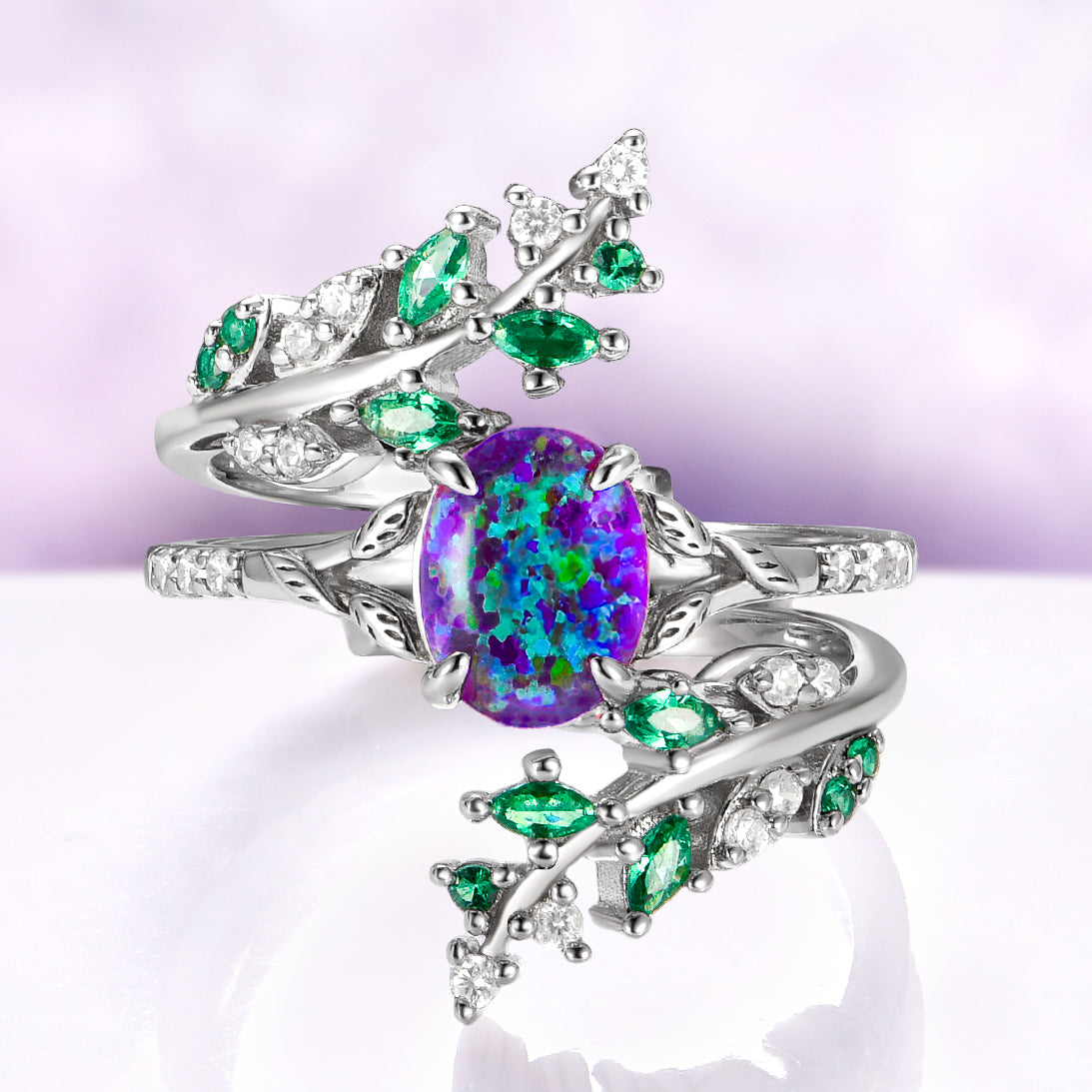 Lavender Fire Opal & Emerald Leaf Couples Ring Set