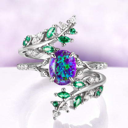 Lavender Fire Opal & Emerald Leaf Couples Ring Set