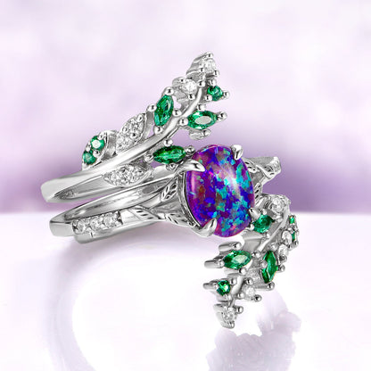 Lavender Fire Opal & Emerald Leaf Couples Ring Set