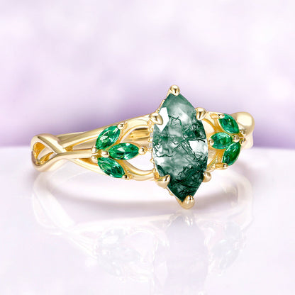 Celtic Knot Moss Agate & Gold Leaf Couples Ring Set