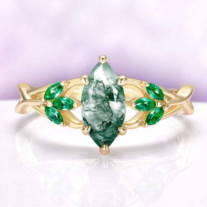 Celtic Knot Moss Agate & Gold Leaf Couples Ring Set