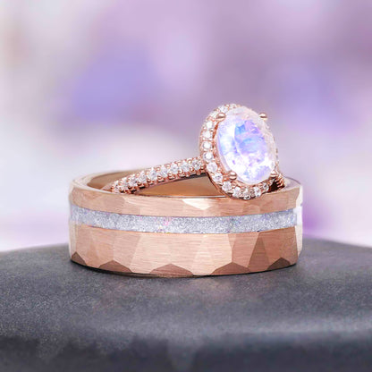 Oval Rainbow Moonstone Couples Ring Set