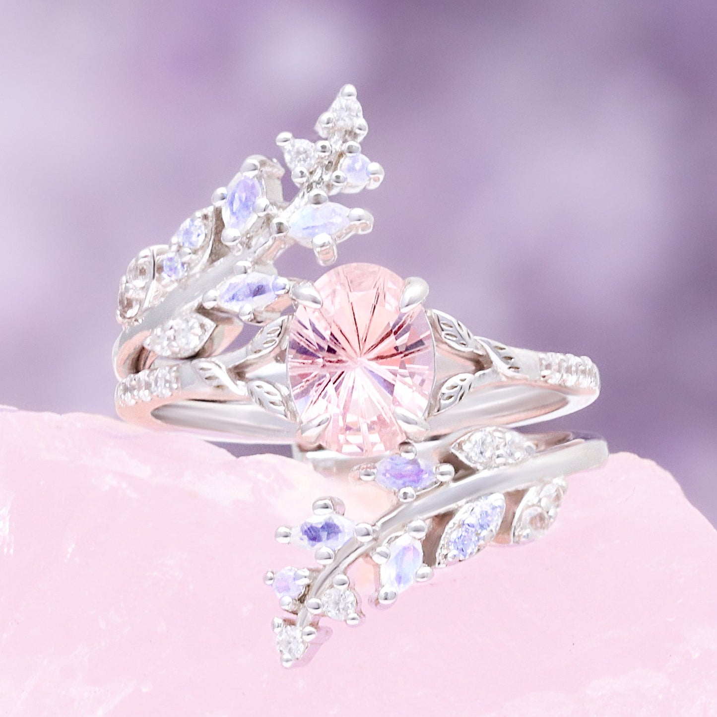 Fireworks Cut Morganite & Moonstone Leaf Couples Ring Set