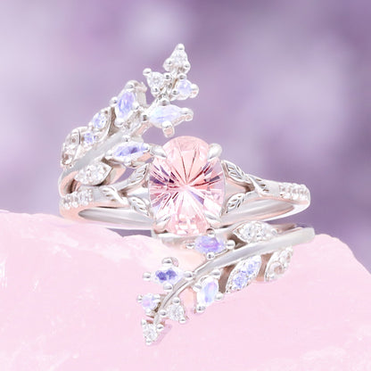 Fireworks Cut Morganite & Moonstone Leaf Couples Ring Set