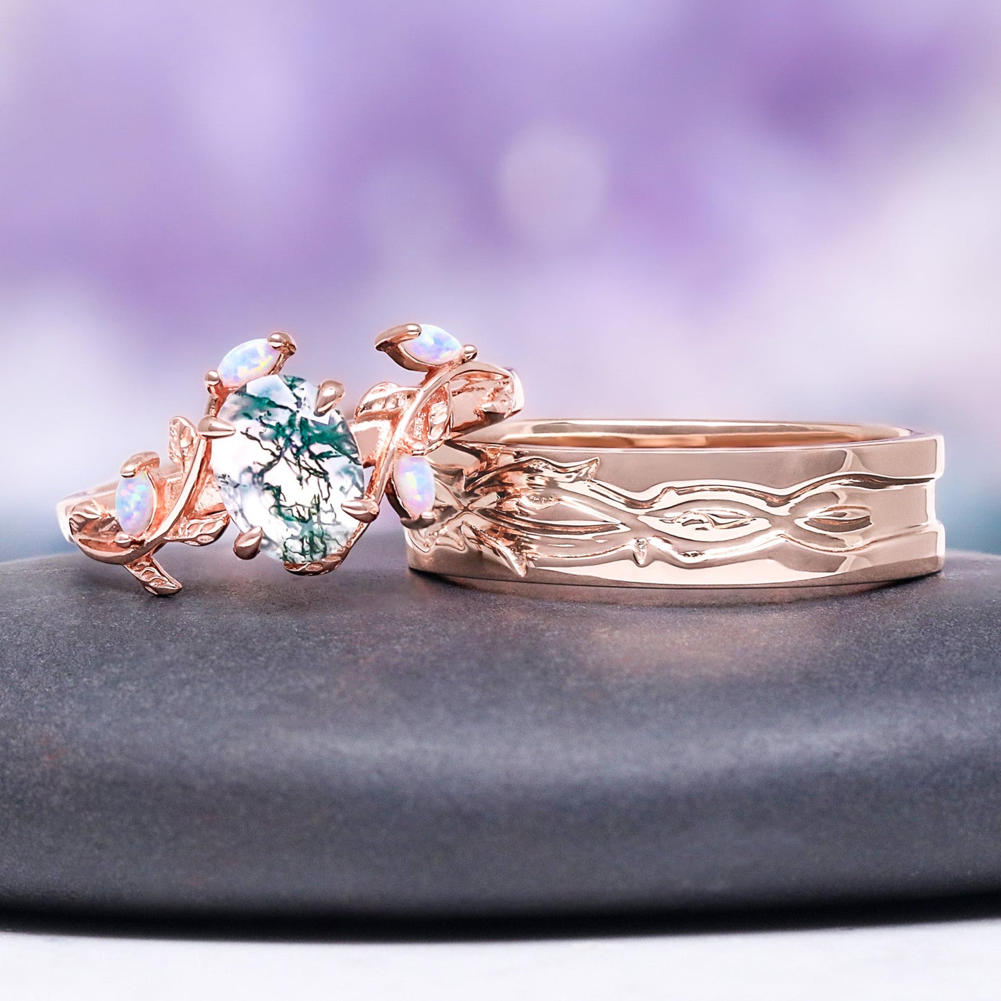 Moss Agate & Fire Opal Leaf Couples Ring Set