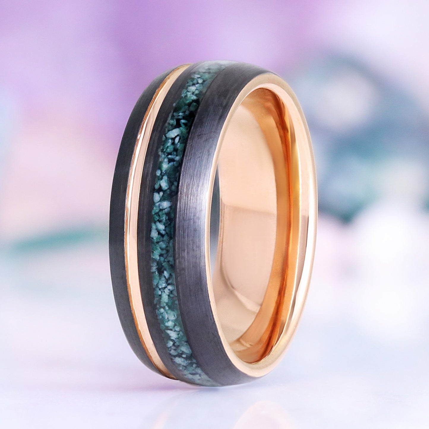 Moss Agate Two Tone Black Rose Gold Tungsten Couples Ring Set