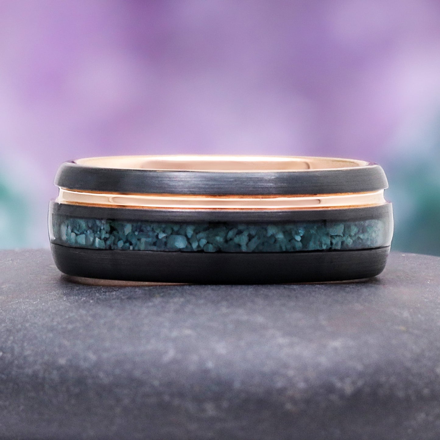 Moss Agate Two Tone Black Rose Gold Tungsten Couples Ring Set