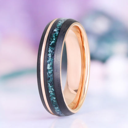 Moss Agate Two Tone Black Rose Gold Tungsten Couples Ring Set