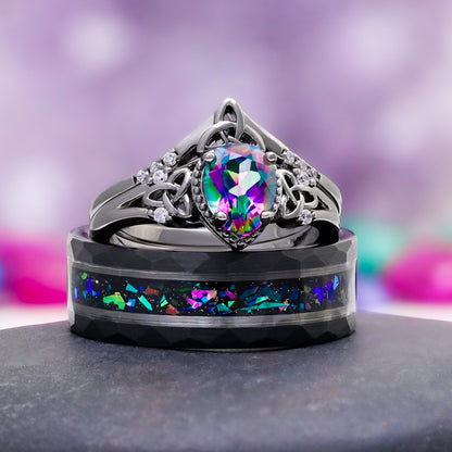 Mystic Topaz & Galaxy Fire Opal Celtic Couples Ring Set