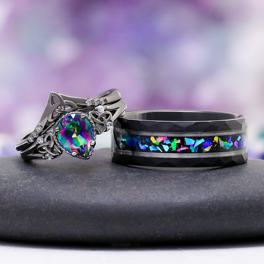 Mystic Topaz & Galaxy Fire Opal Celtic Couples Ring Set