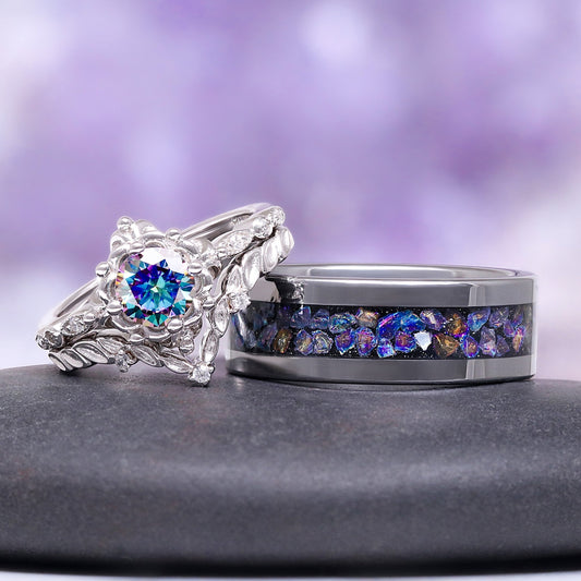 Mystical Fairy Rainbow Moissanite Couples Ring Set