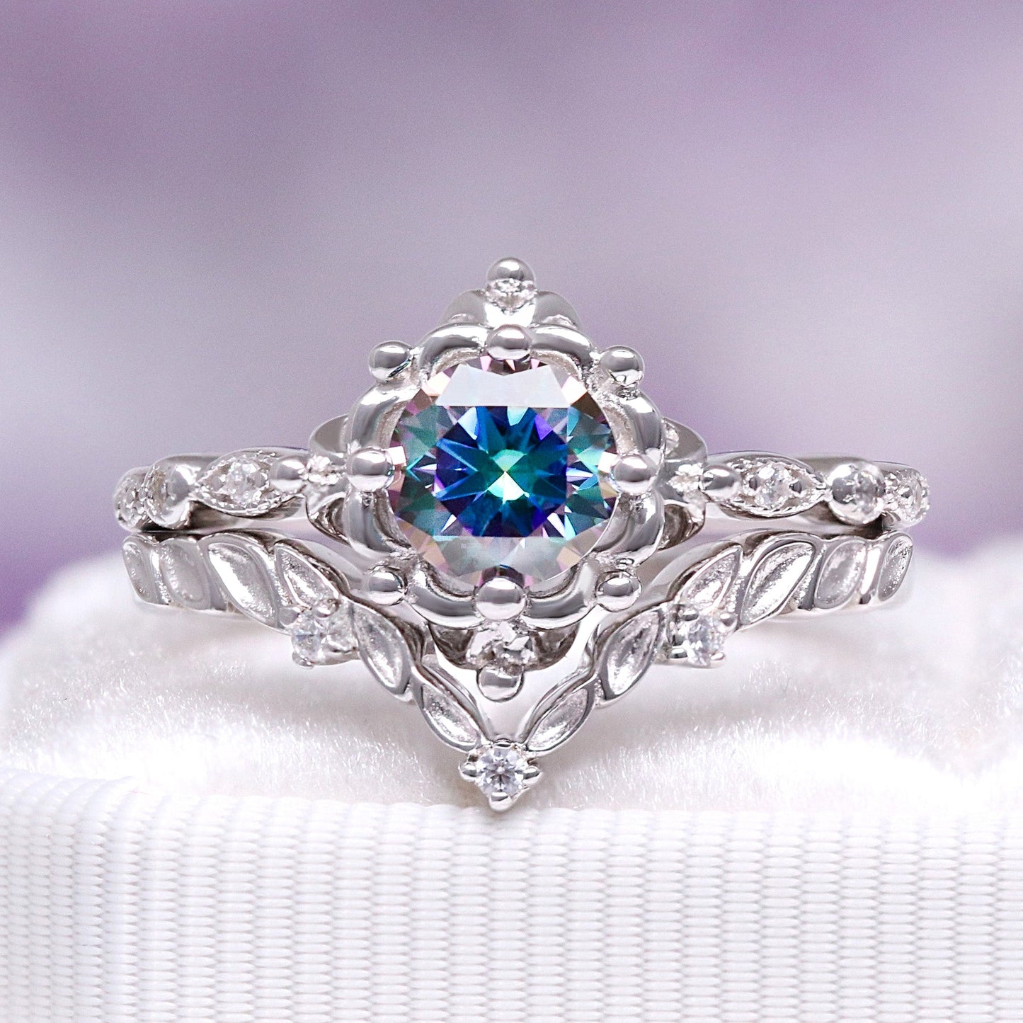 Mystical Fairy Rainbow Moissanite Couples Ring Set