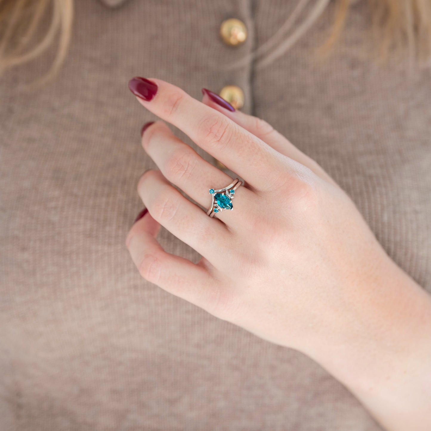 Borealis Forest & Teal Sapphire Couples Ring Set- Northern Lights & Trees