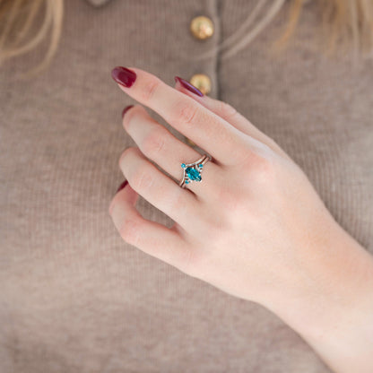 Borealis Forest & Teal Sapphire Couples Ring Set- Northern Lights & Trees