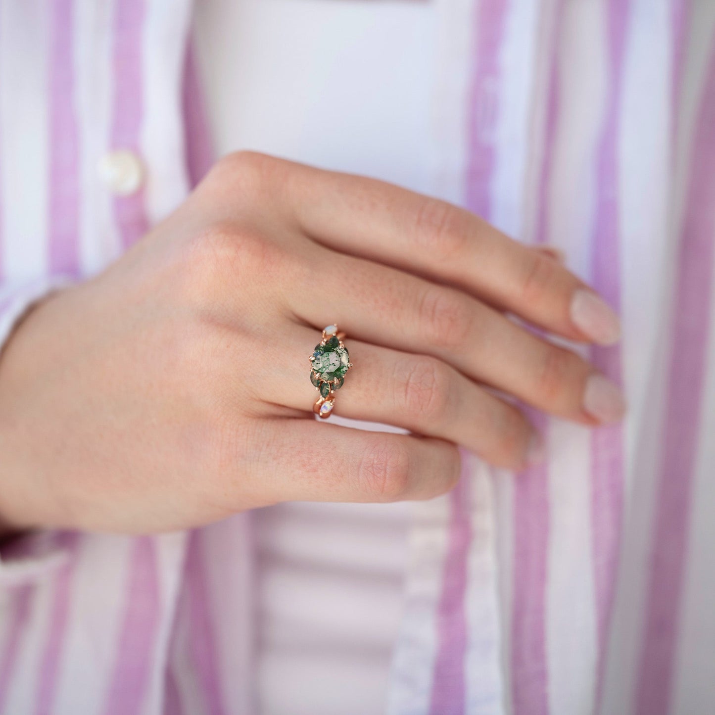 Enchanted Garden Moss Agate & Fire Opal Couples Ring Set