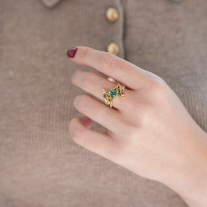 Moss Agate & Emerald Leaf Couples Ring Set