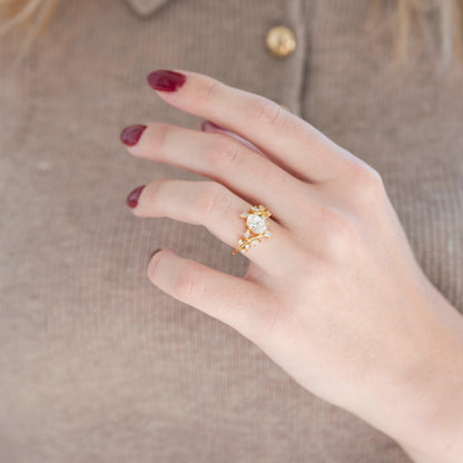 Simulated Diamond Leaf Couples Ring Set