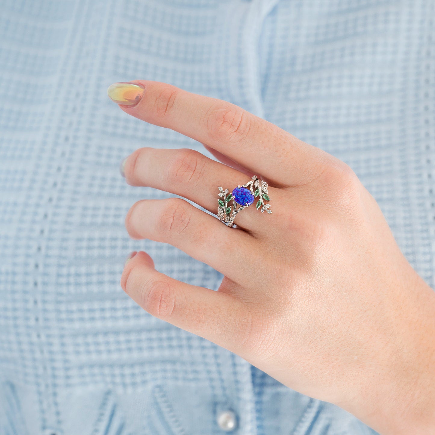 Lavender Fire Opal & Emerald Leaf Couples Ring Set