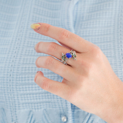 Lavender Fire Opal & Emerald Leaf Couples Ring Set