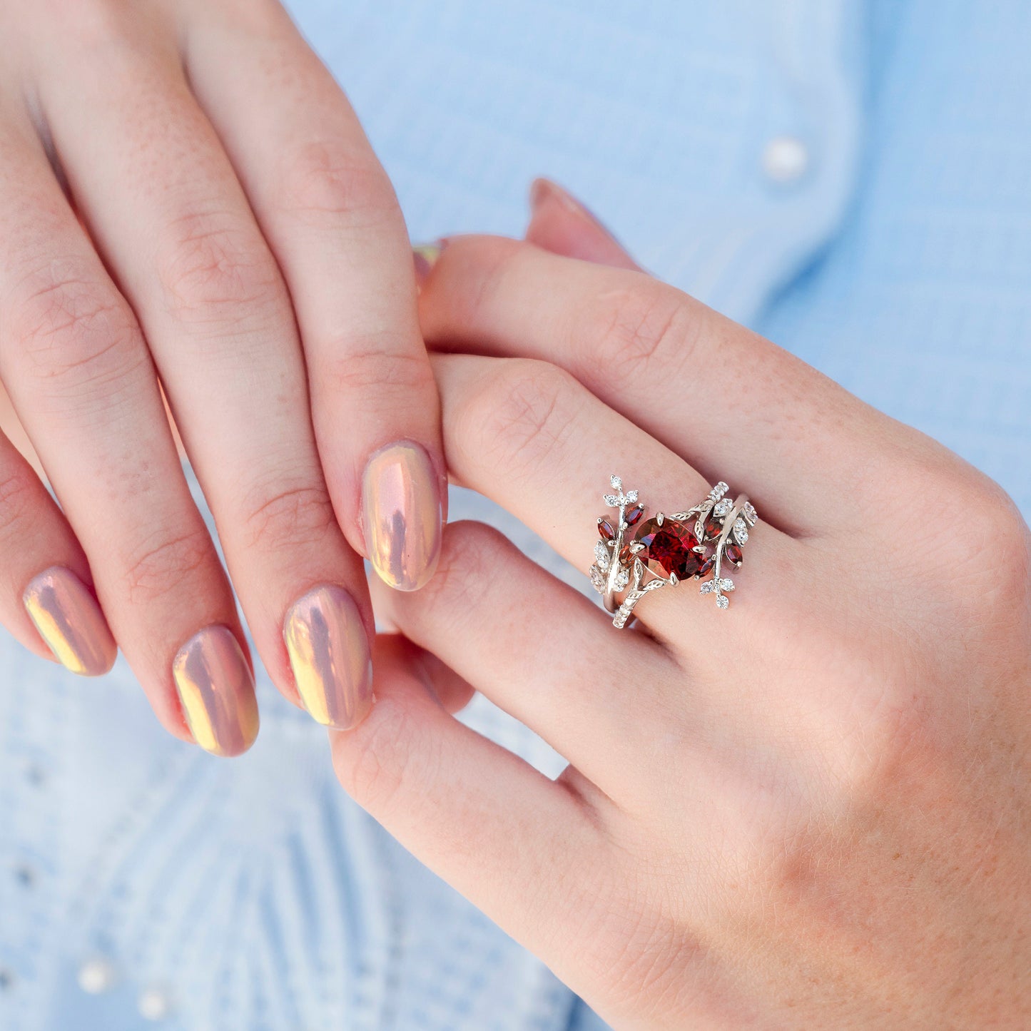 Unique Fireworks Cut Garnet & Whiskey Barrel Couples Ring Set