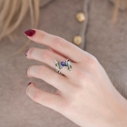 Mystic Topaz & Galaxy Opal Leaf Couples Ring Set