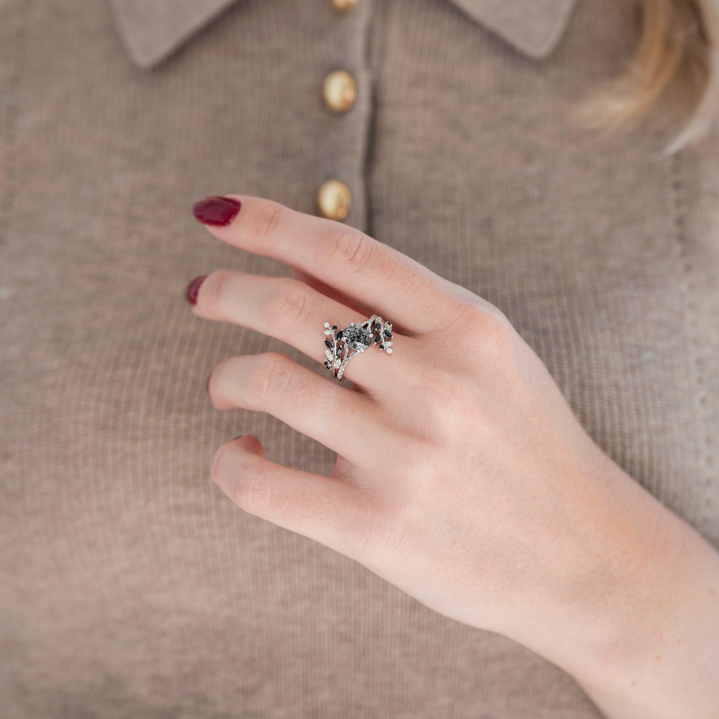 Galaxy Salt and Pepper (Herkimer) Diamond & Meteorite Couples Ring Set