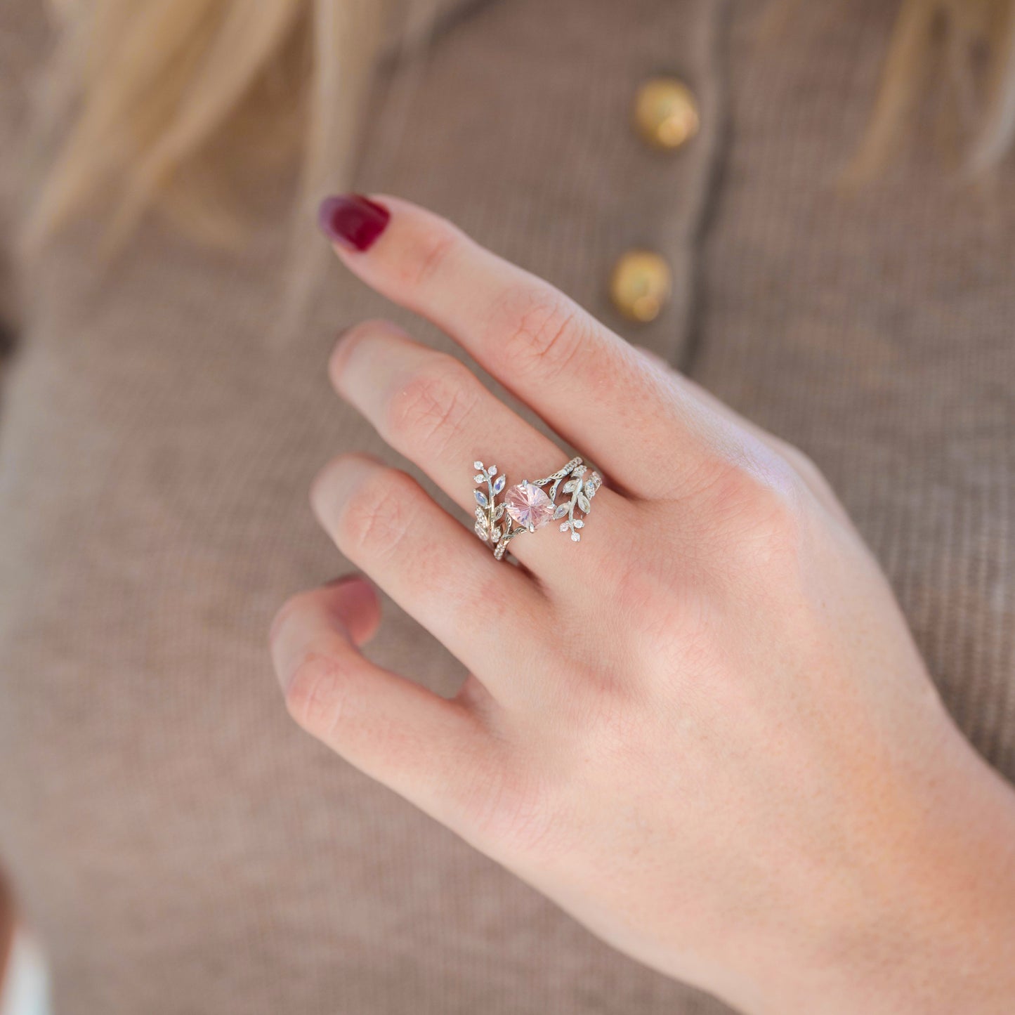 Fireworks Cut Morganite & Moonstone Leaf Couples Ring Set
