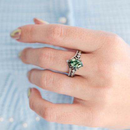 Elara Moss Agate Crescent Moon Couples Ring Set