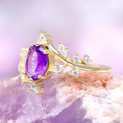 Amethyst and Galaxy Fire Opal Leaf Couples Ring Set