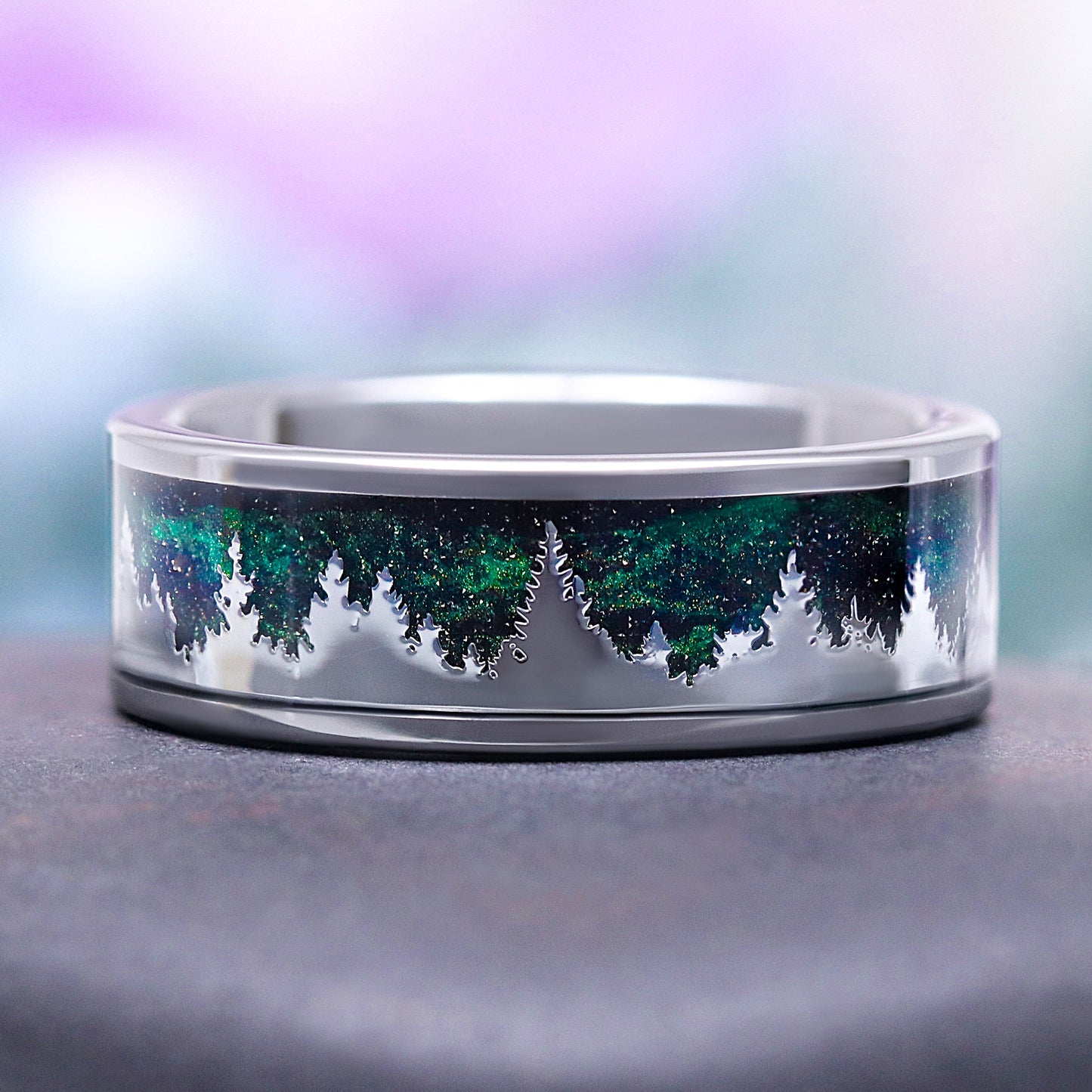 Northern Lights Woodland Couples Ring Set