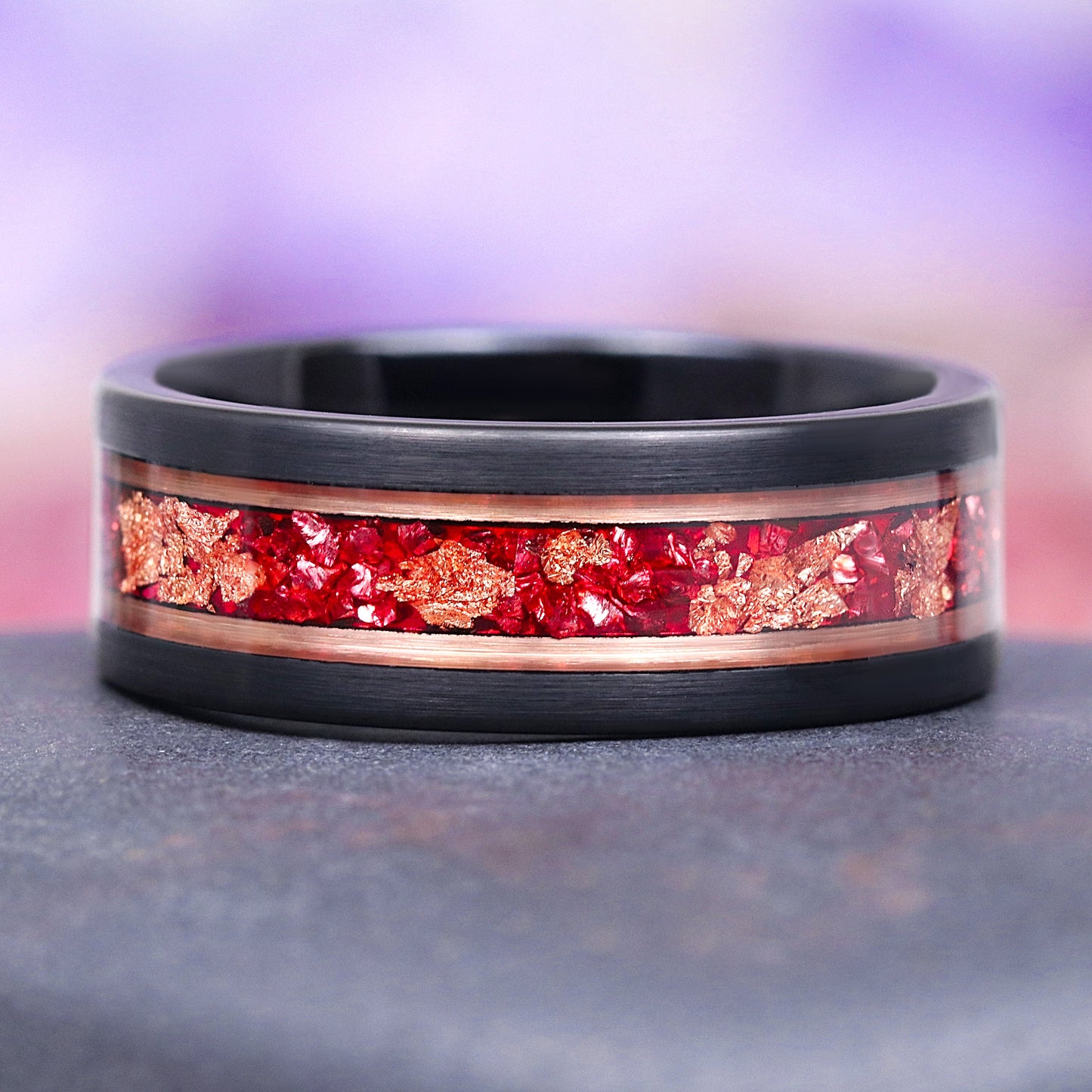 Coffin Cut Ruby and Rose Gold Leaf Couples Ring Set
