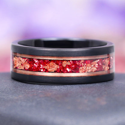 Coffin Cut Ruby and Rose Gold Leaf Couples Ring Set