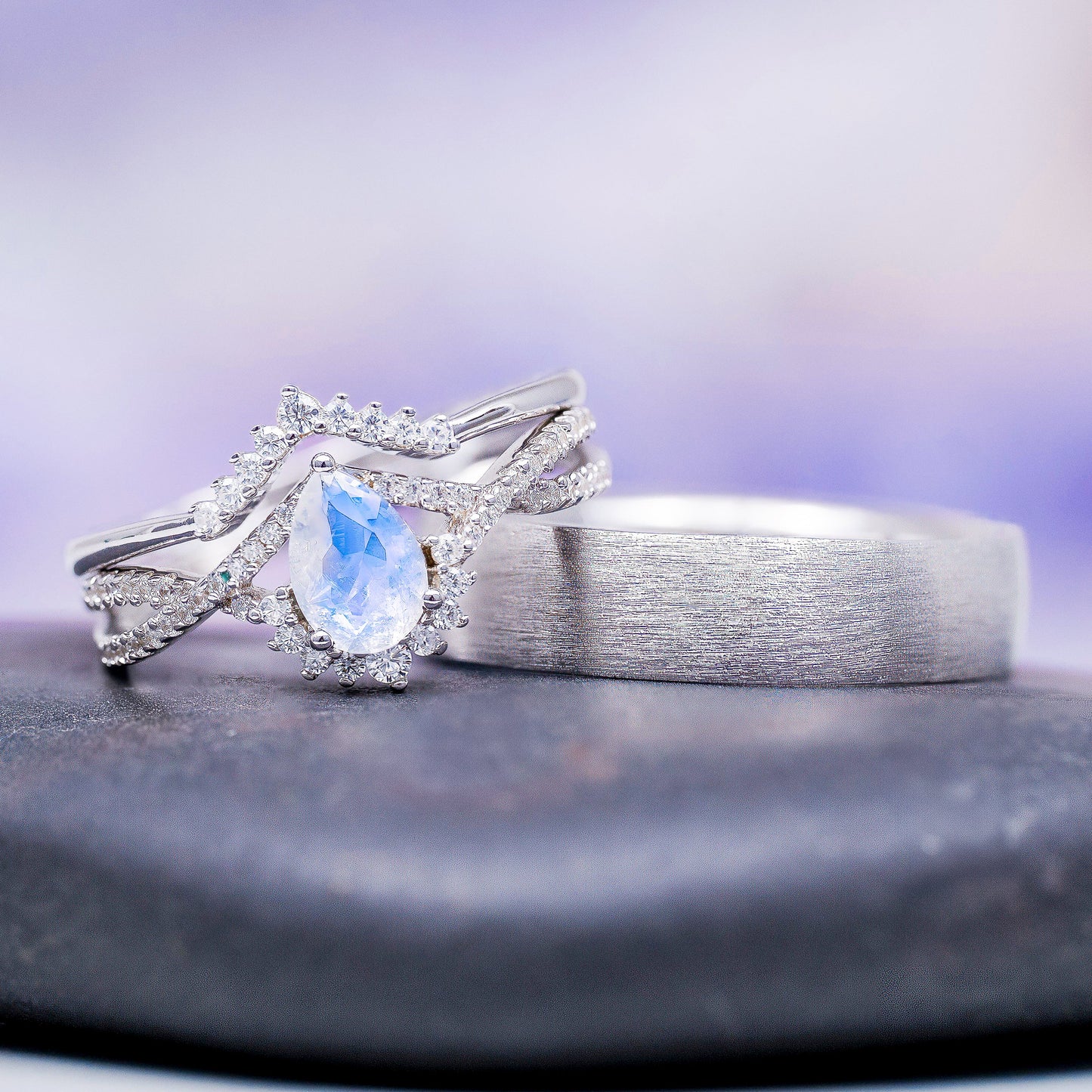 Alice Rainbow Moonstone Couples Ring Set