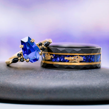 Coffin Cut Blue Sapphire and Gold Leaf Couples Ring Set